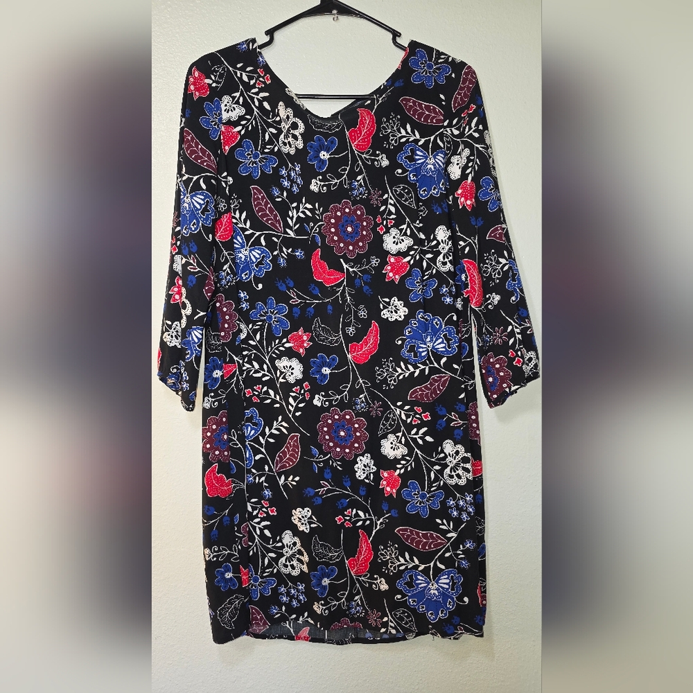 Old Navy Black Dress with Red and Blue Floral Design-Medium